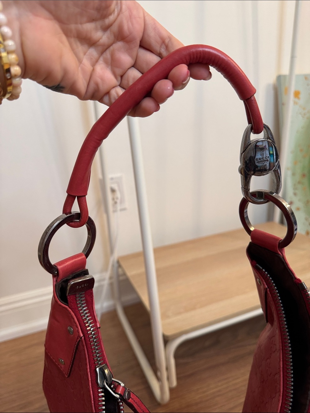 Gucci Red Monogram Leather Hobo Shoulder Bag - Picture 5 of 16